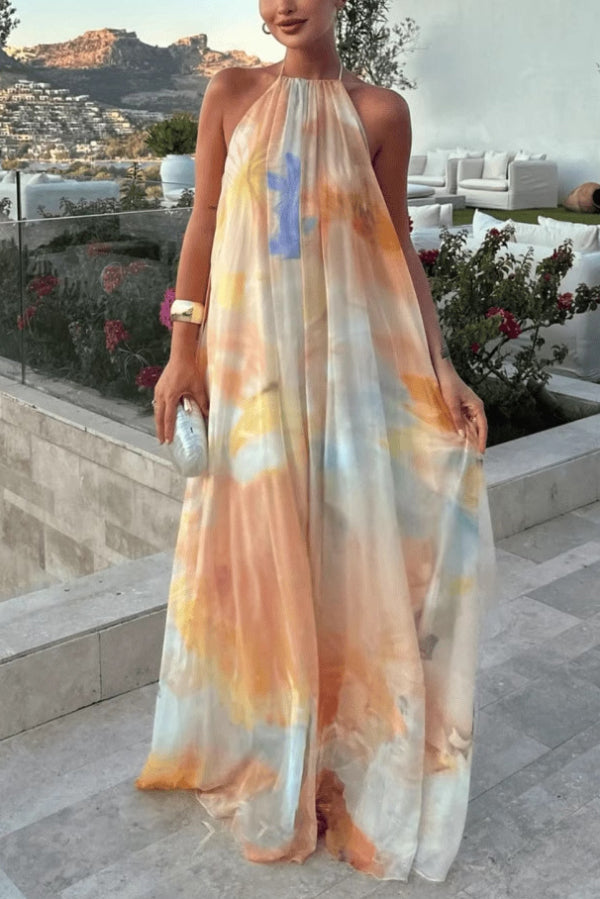 Cardydony Women's Fashionable Tie-dye Halter Neck Backless Loose Vacation Maxi Dress