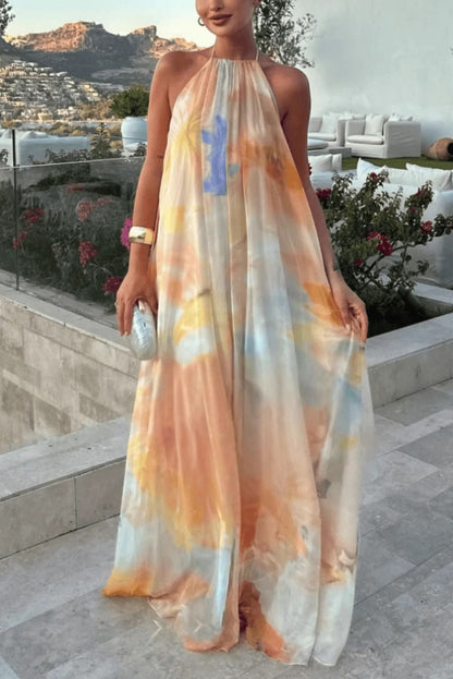 Cardydony Women's Fashionable Tie-dye Halter Neck Backless Loose Vacation Maxi Dress