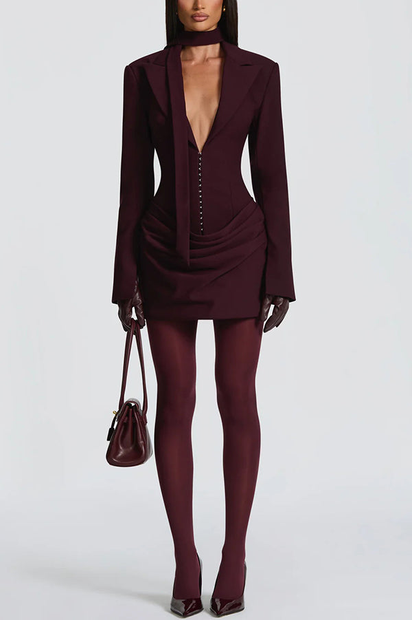 Cardydony Women's Solid Color Slim-fit V-neck Elegant Draped Formal Mini Dress