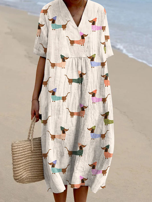 Cardydony Women's Retro Cute Dachshund Dog Art Linen Dress