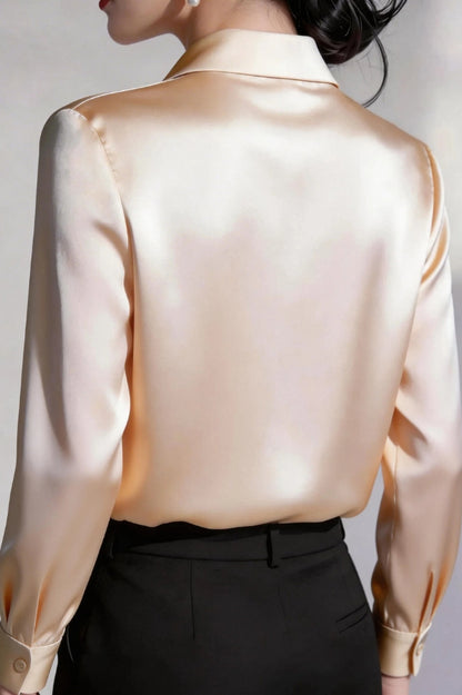 Cardydony Women's  Solid Color Satin Collared Long-sleeved Button-down Casual Shirt