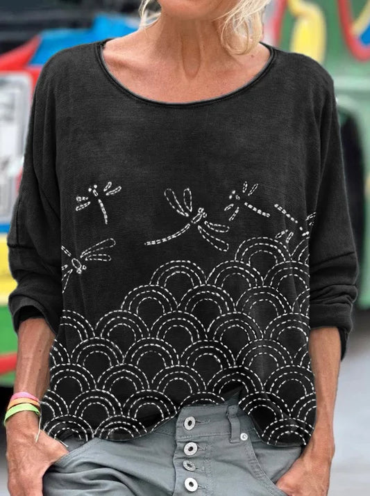 Cardydony Dragonflies & Sea Waves Japanese Embroidery Art Washed T Shirt