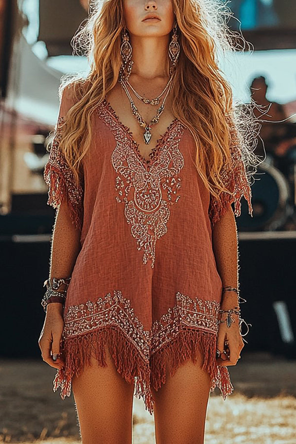 Cardydony Women's Unique Printed V-Neck Short Sleeve Fringe Loose Mini Dress