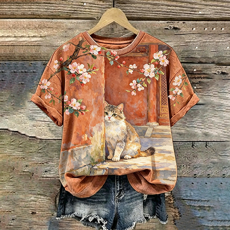 Cardydony Retro Cute Cat And Cherry Blossom Pattern Casual T-shirt