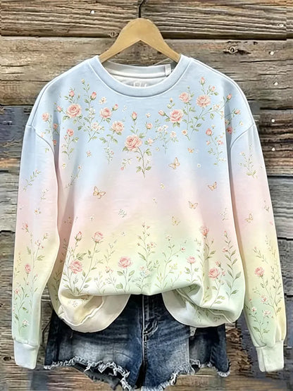 Cardydony Vintage Pink Floral And Butterfly Art Print Gradient Cotton Linen Crew Neck Top