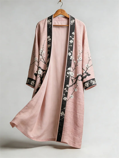 Cardydony Japanese Plum Blossom Art Flowy Long Linen Kimono
