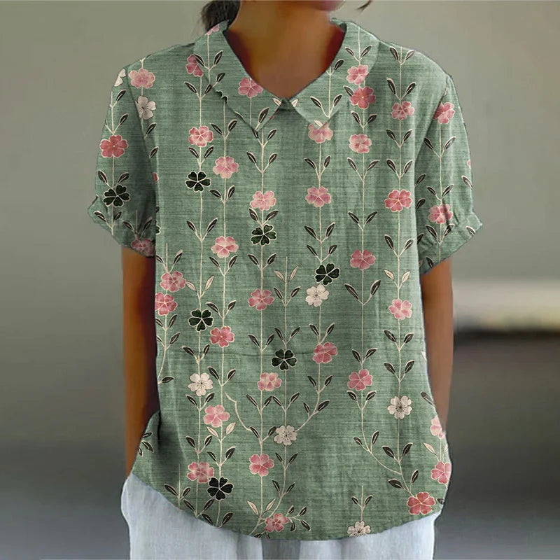 Cardydony Women's Retro Floral Art Print Casual Cotton Linen Shirt