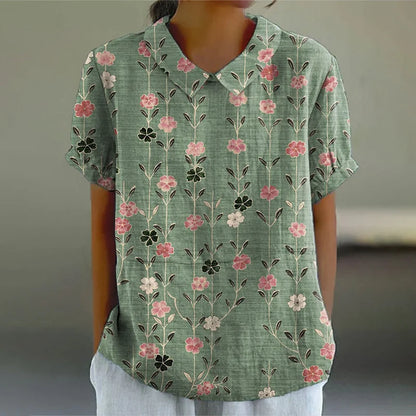 Cardydony Women's Retro Floral Art Print Casual Cotton Linen Shirt
