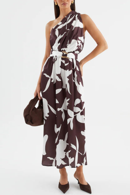 Cardydony Women's Unique Printed One-Shoulder Belt Casual Holiday Maxi Dress