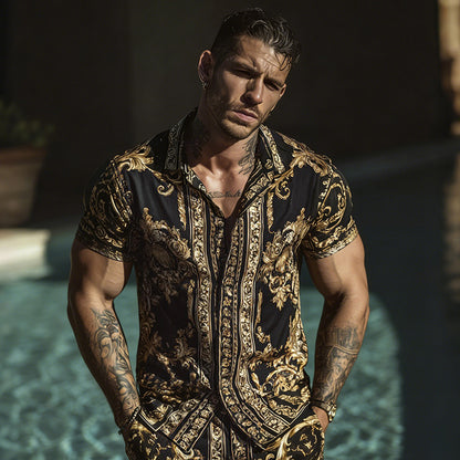 Cardydony Men's Fashion Baroque Pattern Cuban Shirt And Shorts Two-piece Set
