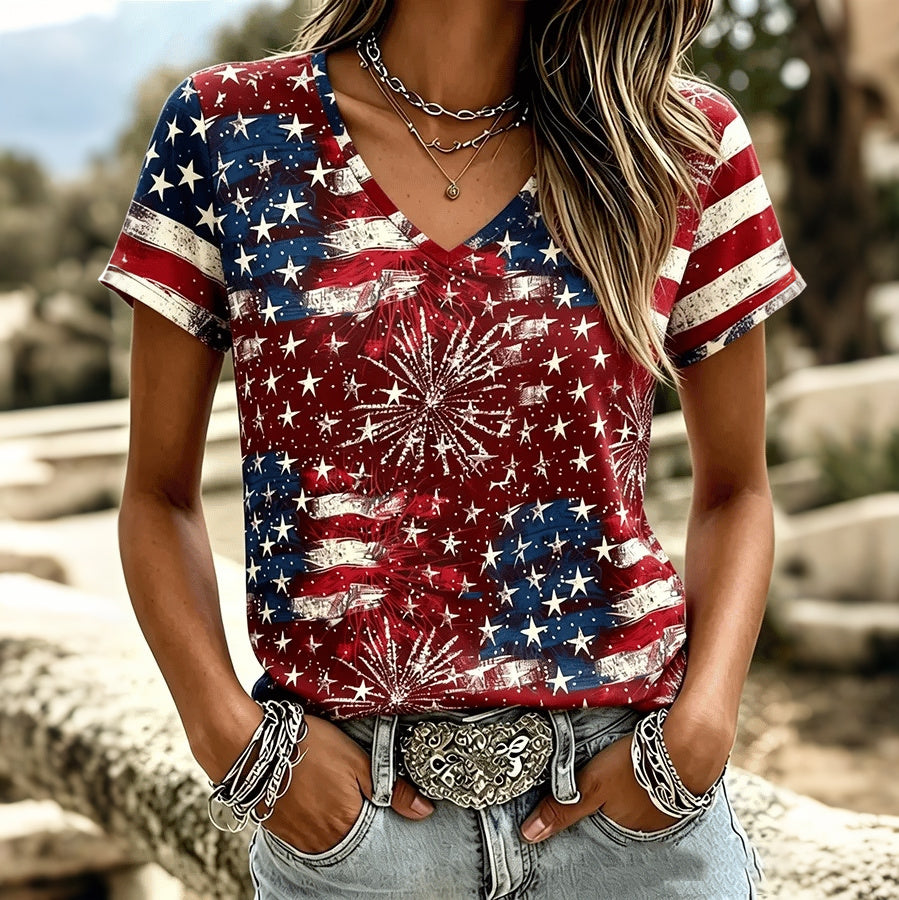 Cardydony Women's Retro Independence Day Printed V Neck Casual Tops