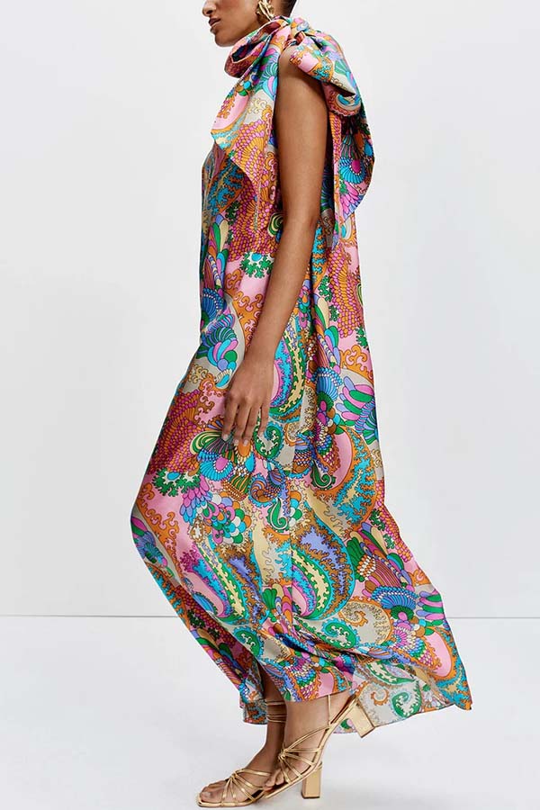 Cardydony Women's Rainbow Breeze Satin Unique Print Bow One Shoulder Loose Maxi Dress