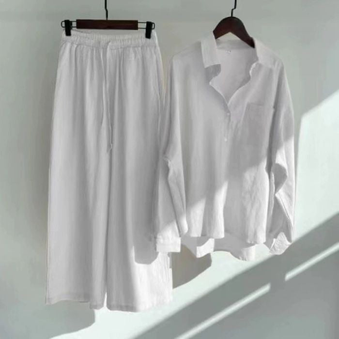 Cardydony Women's Vintage Flower Embroidery Cotton Linen Shirt And Pants Two-piece Set