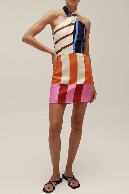Cardydony Women's Jeniah Linen Blend Color Block Print Cross Halter Tie-up Loose Mini Dress