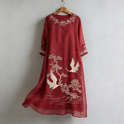 Cardydony Japanese Cranes & Pine Trees Floral Flowy Linen Maxi Dress