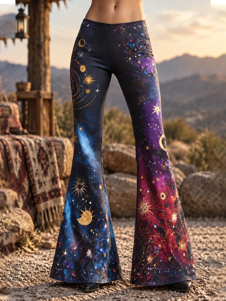 Cardydony Women's Halloween Gothic Bohemian Sun Moon Star Gradient Yoga Casual Flare Pants