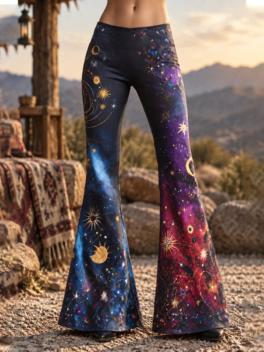 Cardydony Women's Halloween Gothic Bohemian Sun Moon Star Gradient Yoga Casual Flare Pants