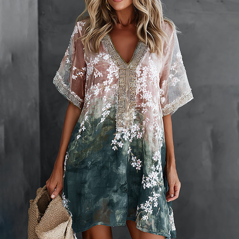 Cardydony Women's Retro Cherry Blossoms And Marble Pattern Flowy Linen Blend Midi Dress