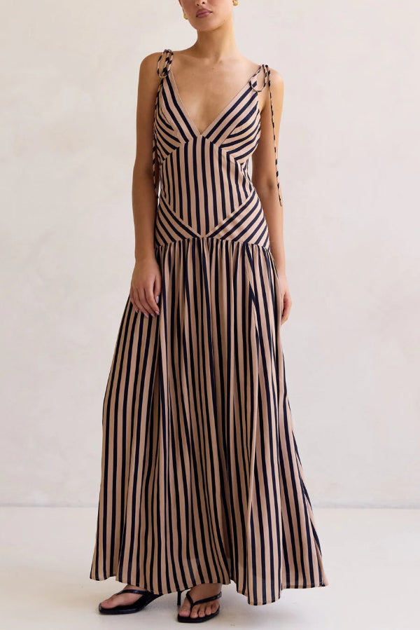 Cardydony Women's Striped Print Tie Backless Sleeveless V-Neck Elegant Maxi Dress