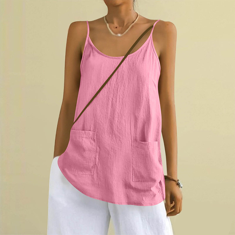 Cardydony Women's Solid Color Sleeveless Linen Blend Pocket Camisole