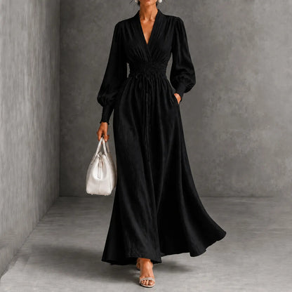 Cardydony Elegance V-neck Belted Waist Long Sleevess Maxi Dress