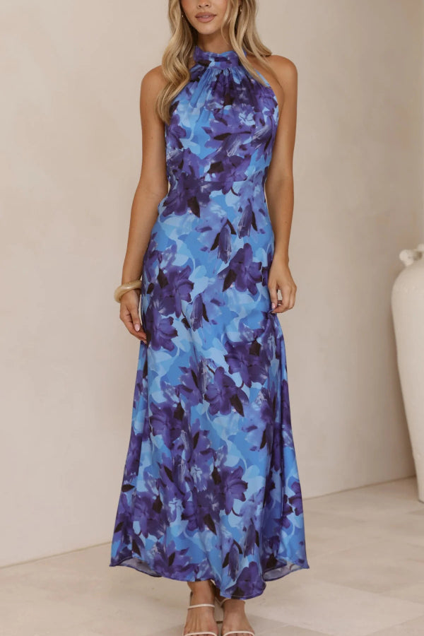 Cardydony Women's Floral Print Sleeveless Halter Neck Tie Holiday Maxi Dress
