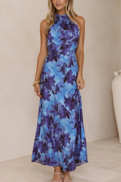 Cardydony Women's Floral Print Sleeveless Halter Neck Tie Holiday Maxi Dress