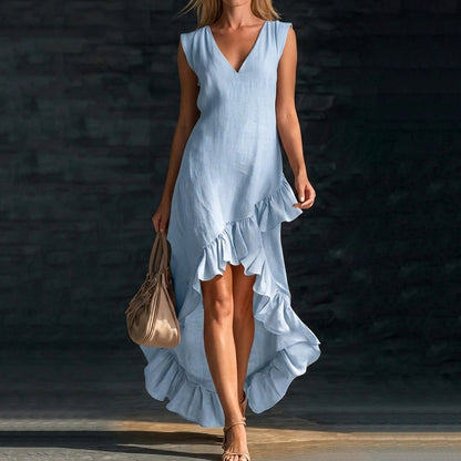 Cardydony Sleeveless V-neck Ruffled Hem Linen Dress
