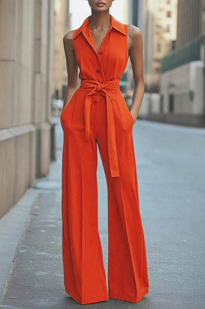 Cardydony Women's Fashion Lapel Sleeveless High Waist Tie Casual Pocket Wide Leg Jumpsuit