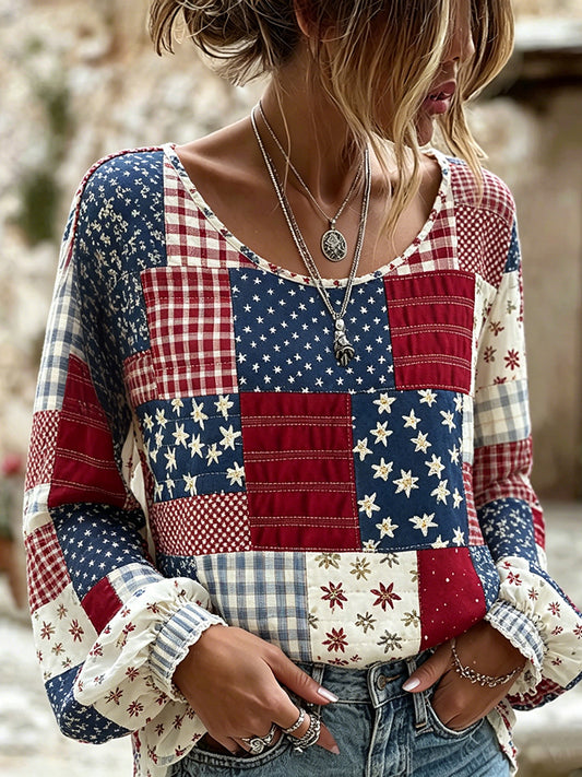 Cardydony Women's Vintage Independence Day Flag Patchwork Art Print Linen Blend T-shirt