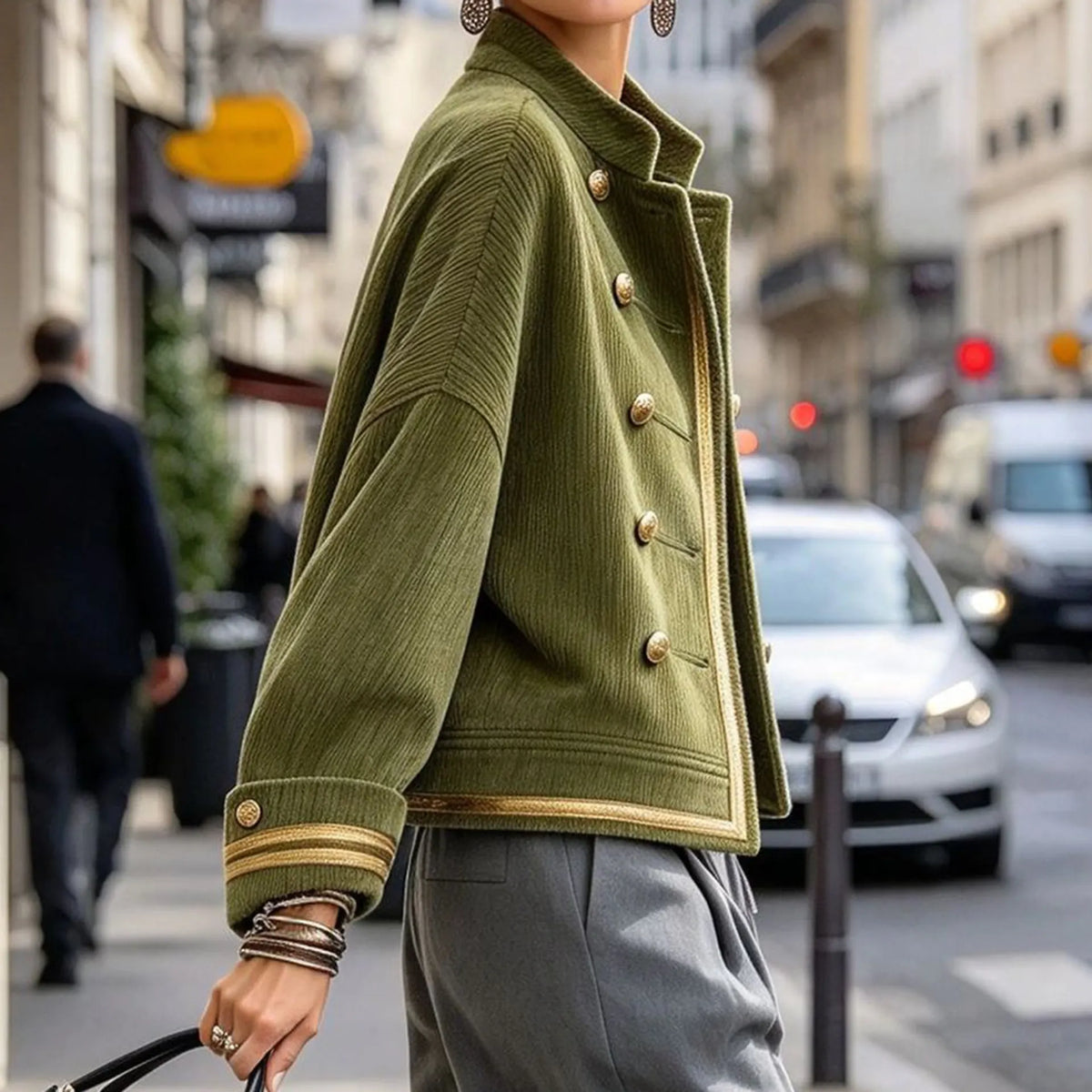 Cardydony Women's Fall Winter Cozy Napoleonic Stand-up Collar Gold Trim Double-breasted Button Corduroy Jacket
