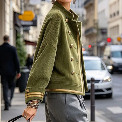 Cardydony Women's Fall Winter Cozy Napoleonic Stand-up Collar Gold Trim Double-breasted Button Corduroy Jacket