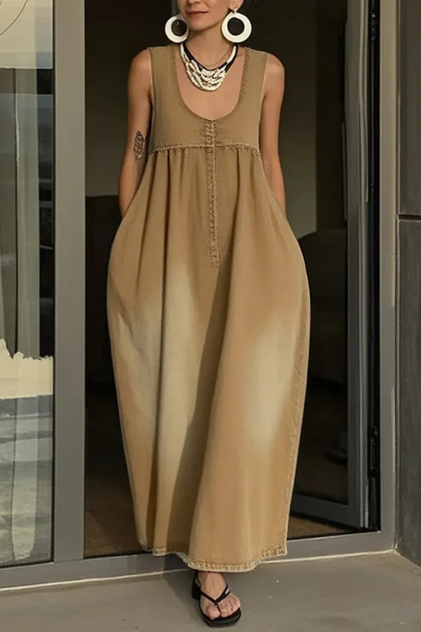 Cardydony Women's Stylish Sleeveless Loose-fitting Pocket Casual Denim Maxi Dress