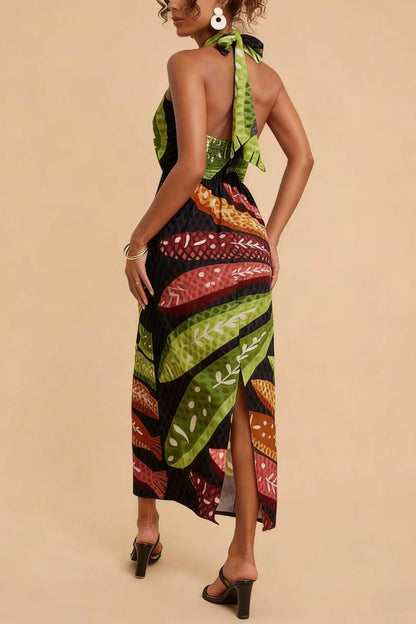 Cardydony Women's  Multi-colored Fish Print Halter Neck Backless Printed Fitted Vacation Maxi Dress