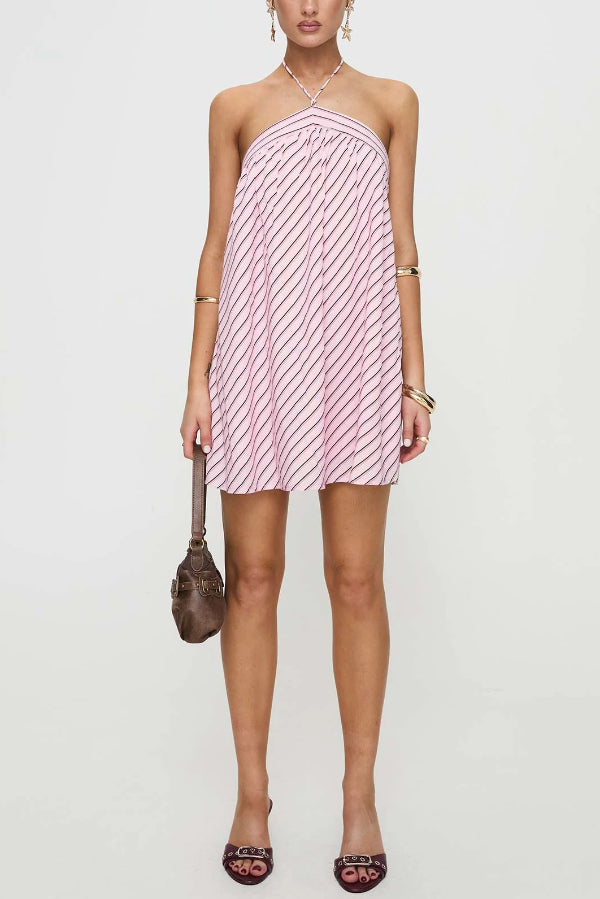 Cardydony Women's Striped Print Sleeveless Halter Neck Loose Vacation Mini Dress