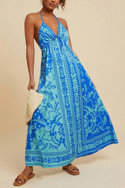 Cardydony Women's Unique Printed V-neck Backless Casual Vacation Maxi Dress