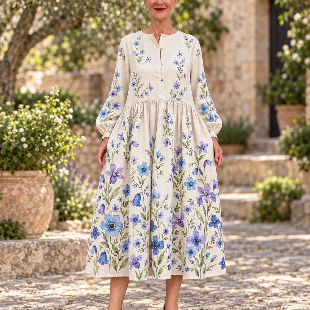Cardydony Women's Bohemian Blue Purple Wildflower Print Loose Fit Button Detail Long Sleeve Midi Dress