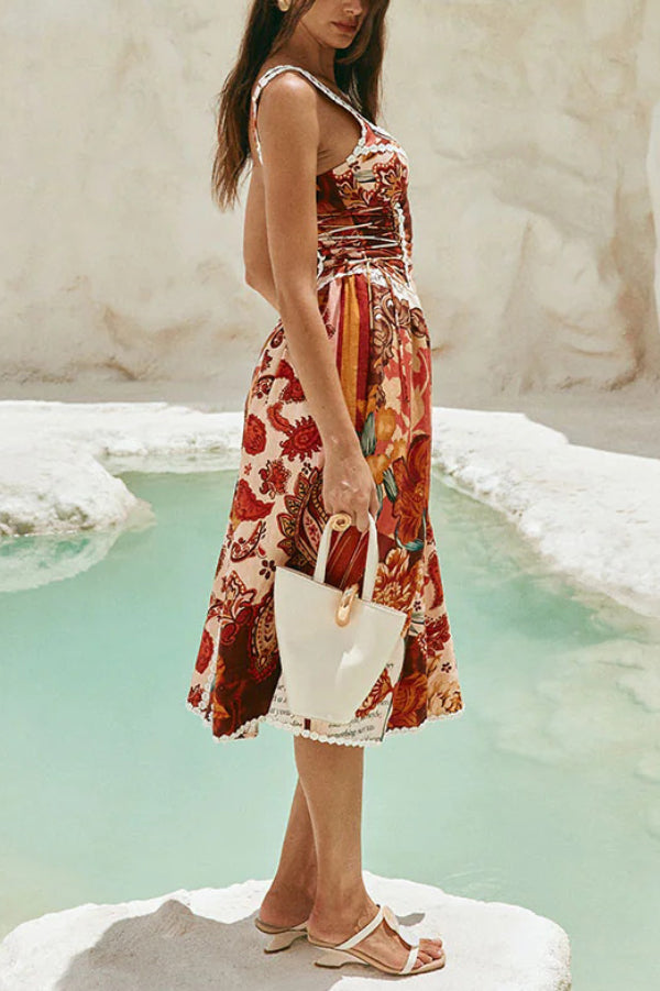 Cardydony Women's  Unique Printed Floral Trim Suspender Side Tie Vacation Midi Dress