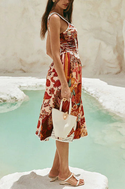 Cardydony Women's  Unique Printed Floral Trim Suspender Side Tie Vacation Midi Dress