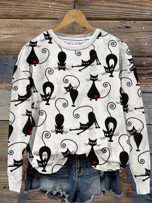 Cardydony Vintage Love Black Cats Print Long Sleeve Sweatshirt