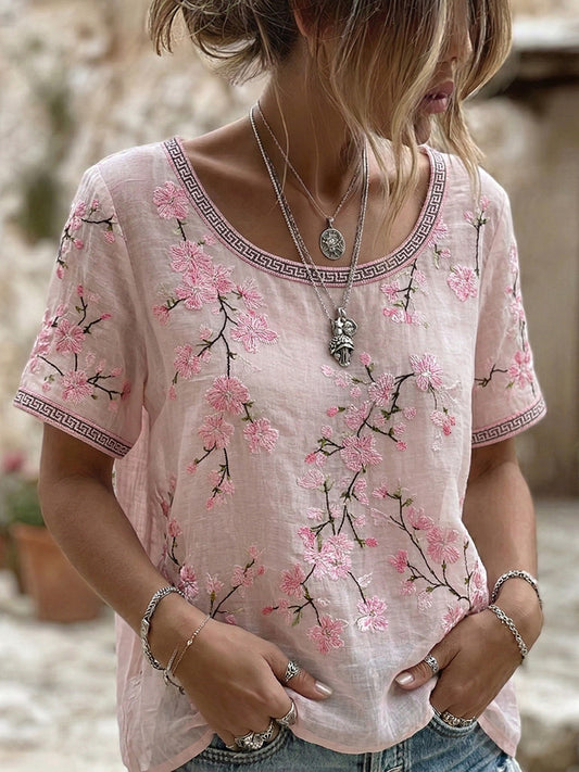 Cardydony Women's Japanese Cherry Blossom Art Round Neck Short Sleeve T-shirt