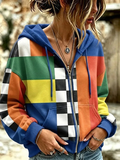 Cardydony Women's Retro Abstract Geometric Pattern Casual Comfort Zip-up Hoodie