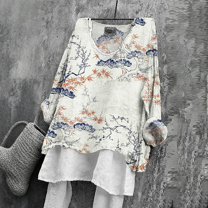 Cardydony Women's Japanese Floral Art Print V-neck Loose T-shirt