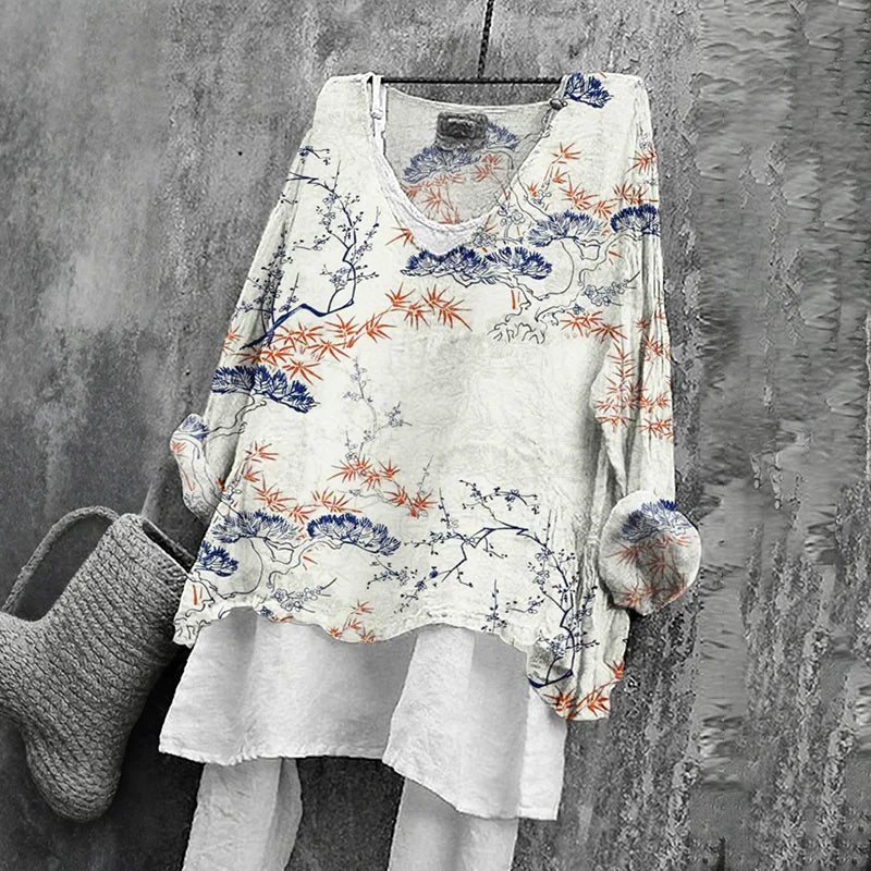 Cardydony Women's Japanese Floral Art Print V-neck Loose T-shirt
