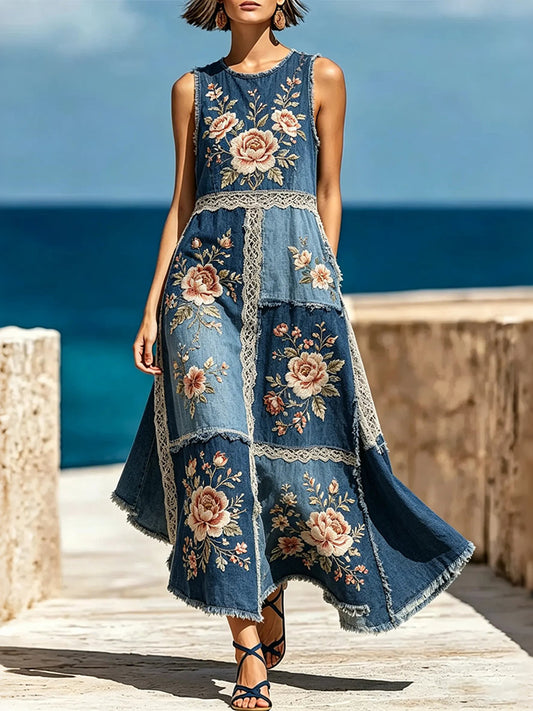 Cardydony Women's Lace Floral Patchwork Retro Cotton And Linen Vest Dress