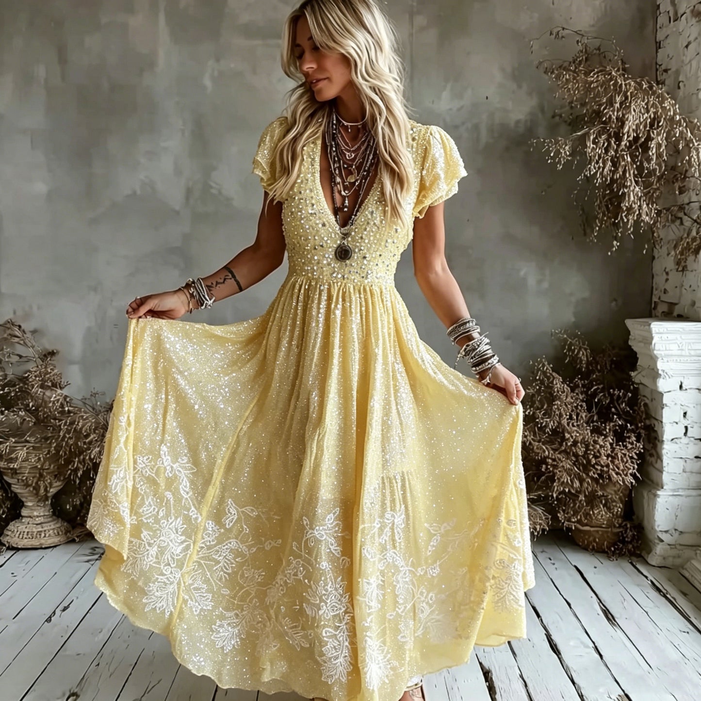 Cardydony Women's Vintage Rose Art Embroidered Linen Blend V Neck Casual Maxi Dress
