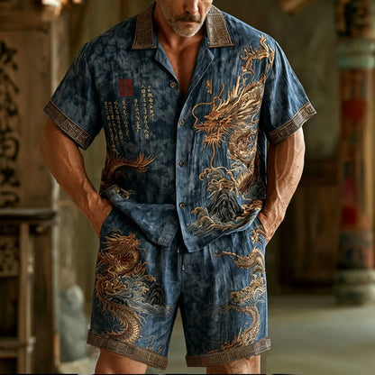 Cardydony Men's Dragon Pattern Calligraphy Embroidery Vintage Cotton And Linen Short Sleeve Shirt And Shorts Two-piece Set