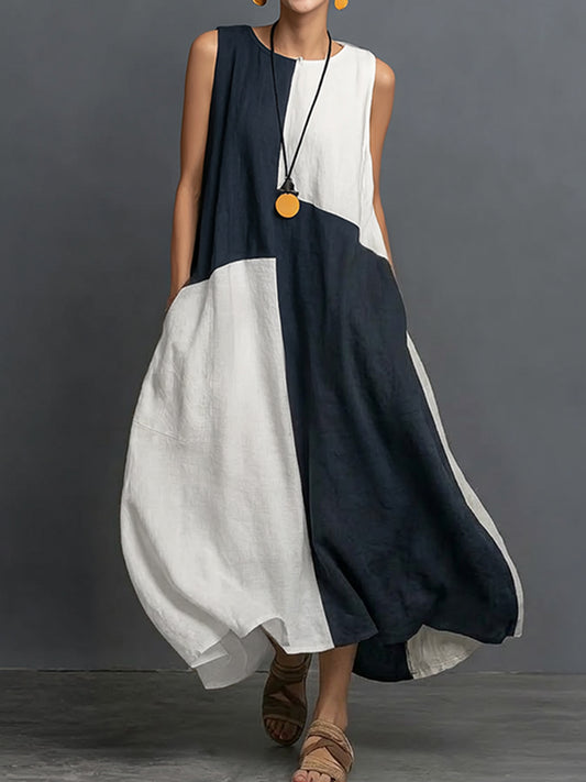 Cardydony Women's Vintage Simple Colorblock Flowy Linen Blend Casual Tank Dress