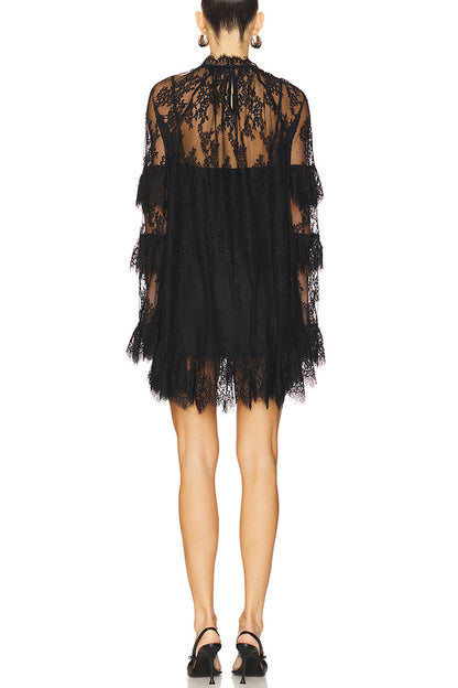 Cardydony Women's Sexy See-through Lace Loose Long-sleeved Mini Dress
