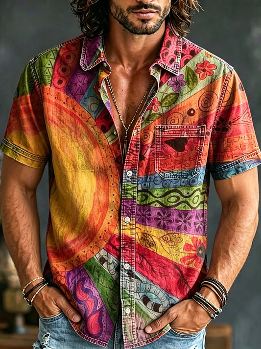 Cardydony Vintage Sun Color Block Art Print Casual Pocket Shirt